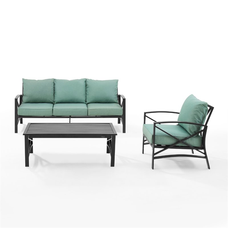 Pemberly Row Modern 3-Piece Metal Outdoor Sofa Set in Mist Green