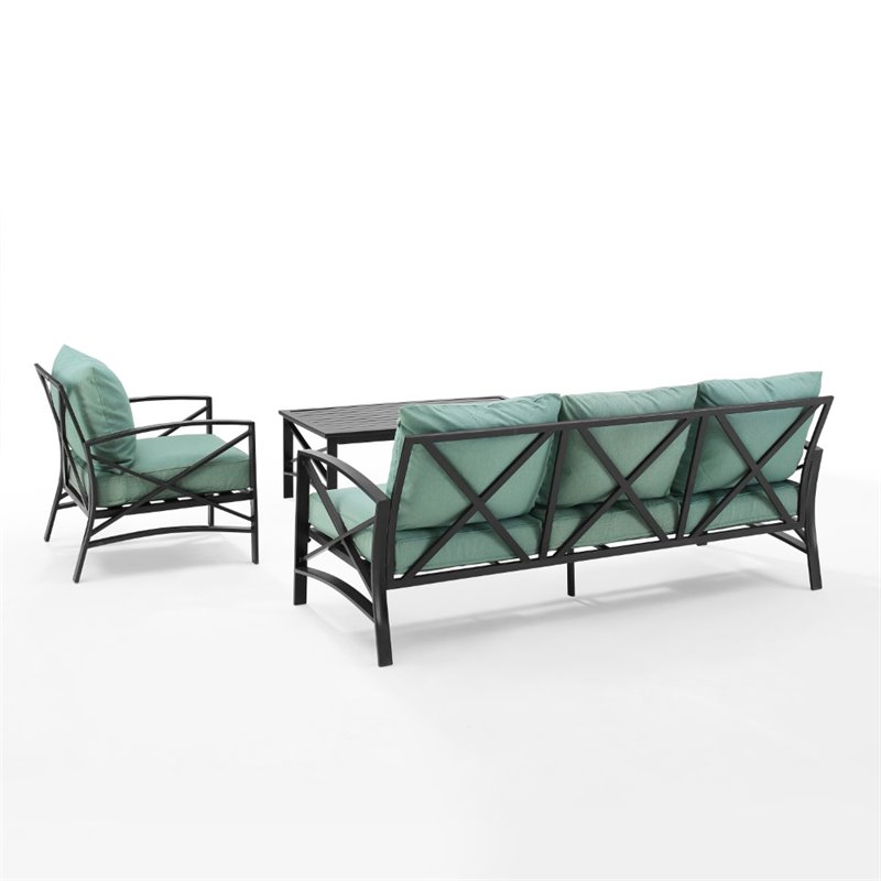 Pemberly Row Modern 3-Piece Metal Outdoor Sofa Set in Mist Green