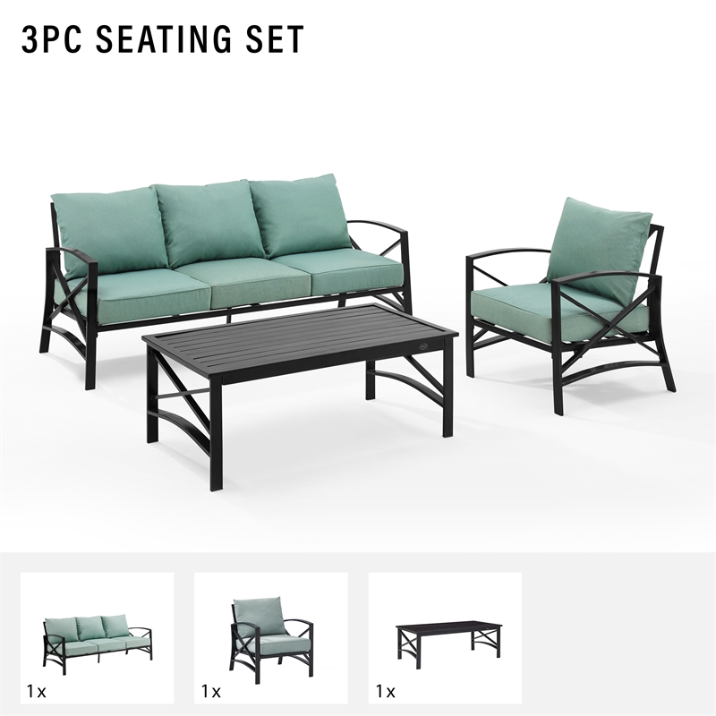 Pemberly Row Modern 3-Piece Metal Outdoor Sofa Set in Mist Green