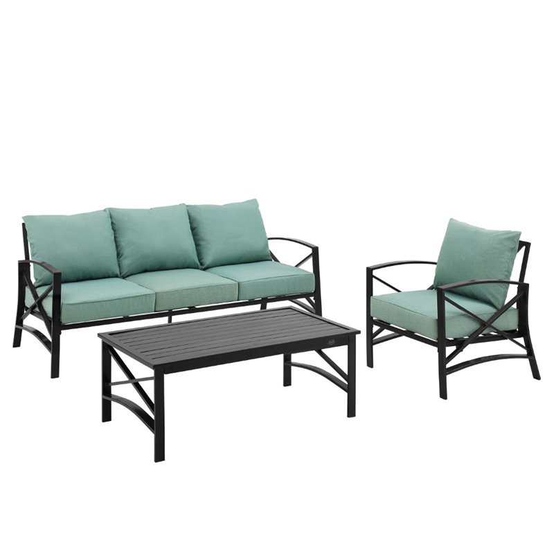 Pemberly Row Modern 3-Piece Metal Outdoor Sofa Set in Mist Green
