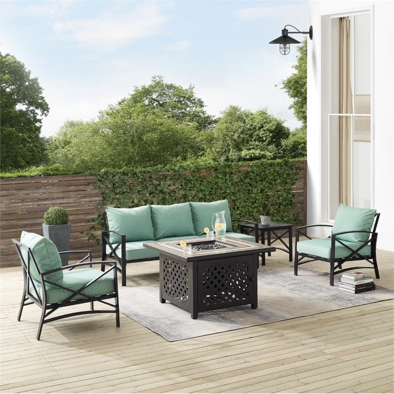 Pemberly Row 5-Piece Metal Outdoor Sofa Set & Fire Table in Mist Green