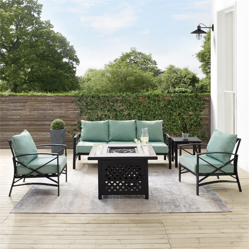 Pemberly Row 5-Piece Metal Outdoor Sofa Set & Fire Table in Mist Green