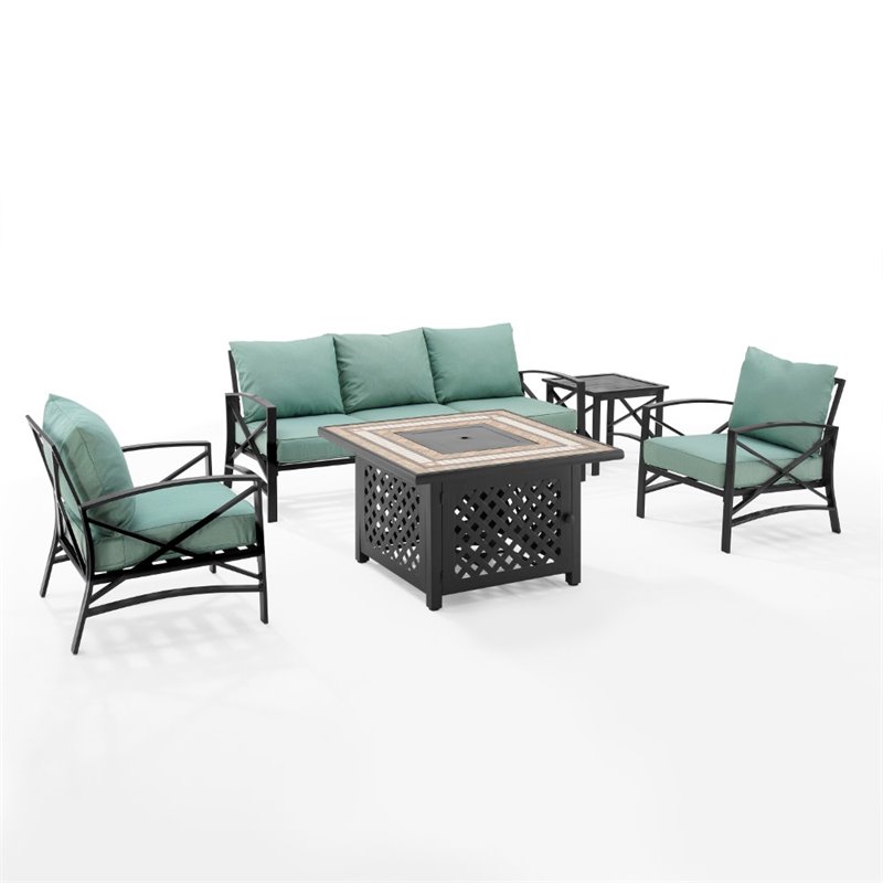 Pemberly Row 5-Piece Metal Outdoor Sofa Set & Fire Table in Mist Green