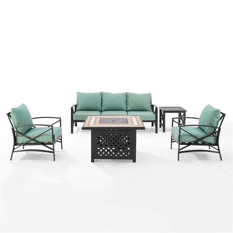 Pemberly Row 5-Piece Metal Outdoor Sofa Set & Fire Table in Mist Green