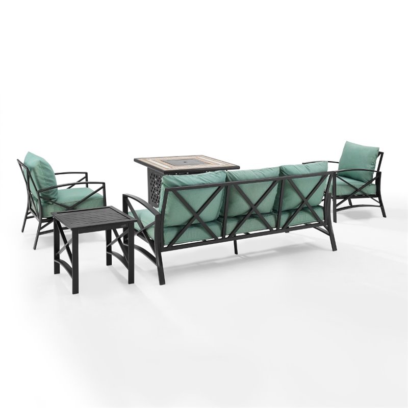 Pemberly Row 5-Piece Metal Outdoor Sofa Set & Fire Table in Mist Green