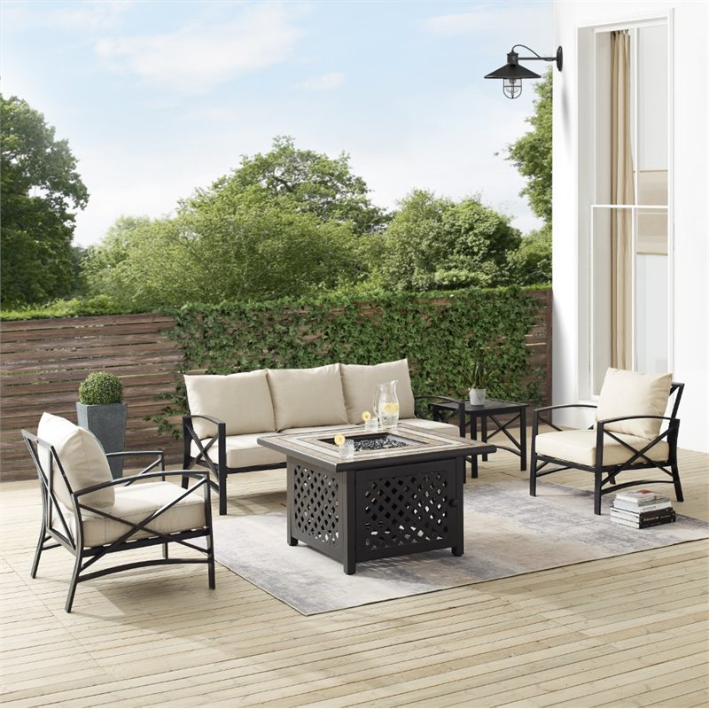 Pemberly Row 5-Piece Metal Outdoor Sofa Set & Fire Table in Oatmeal