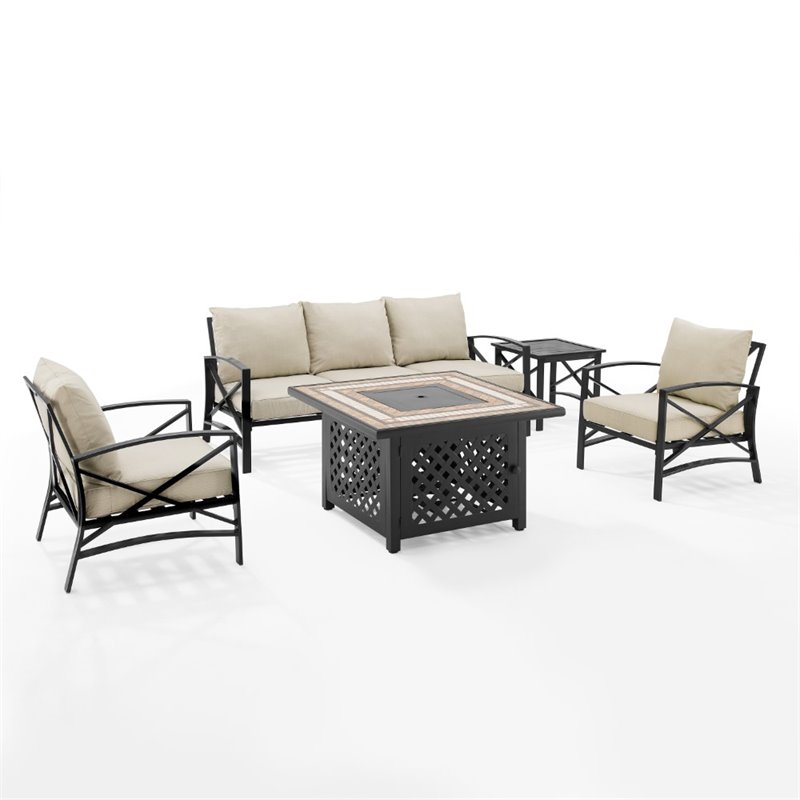 Pemberly Row 5-Piece Metal Outdoor Sofa Set & Fire Table in Oatmeal
