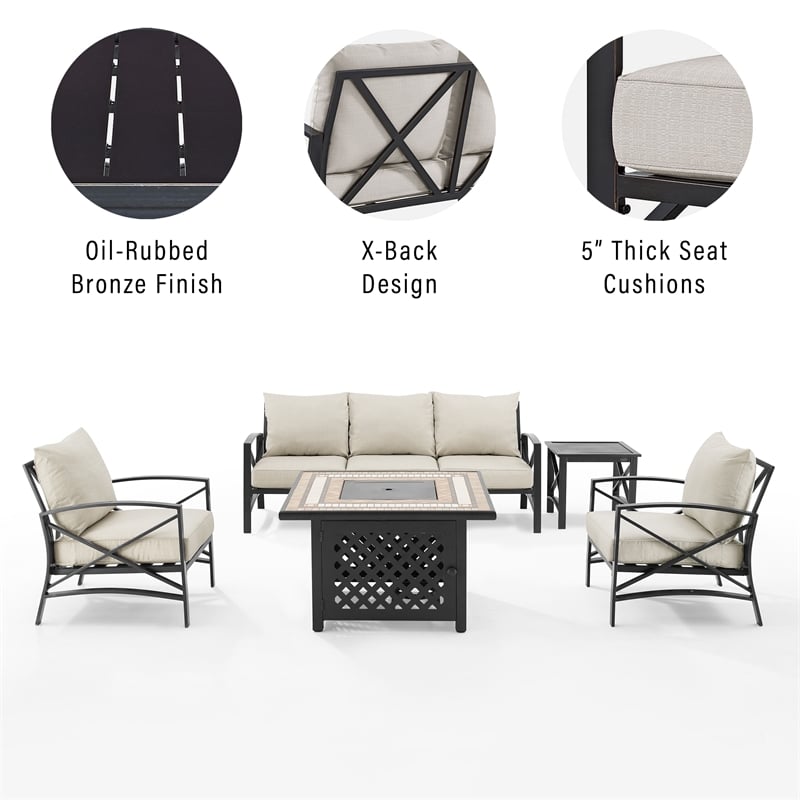 Pemberly Row 5-Piece Metal Outdoor Sofa Set & Fire Table in Oatmeal