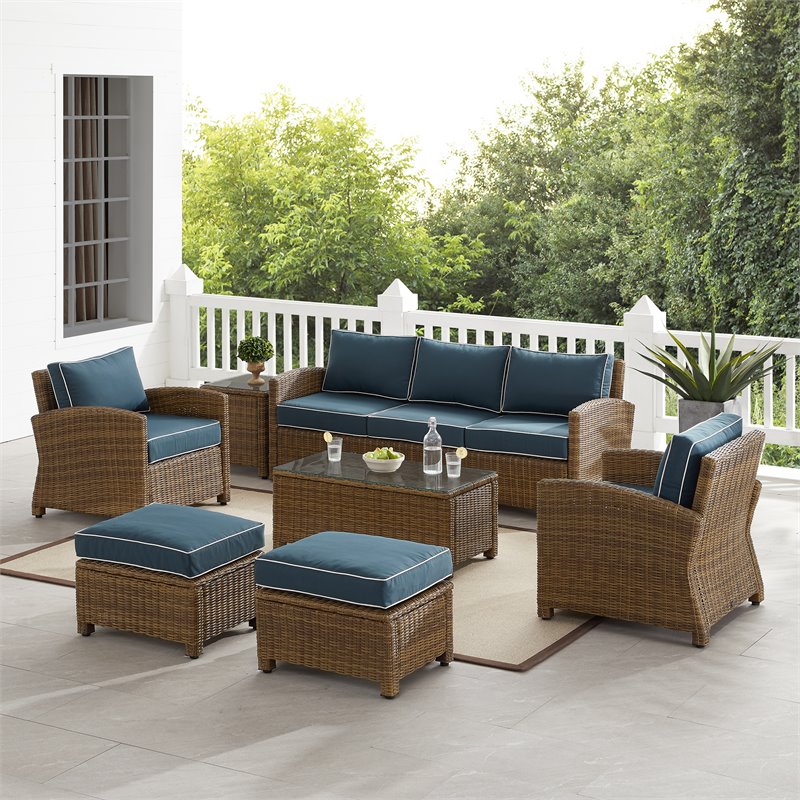 Pemberly Row Modern 7-piece Fabric Outdoor Sofa Set in Navy/Brown