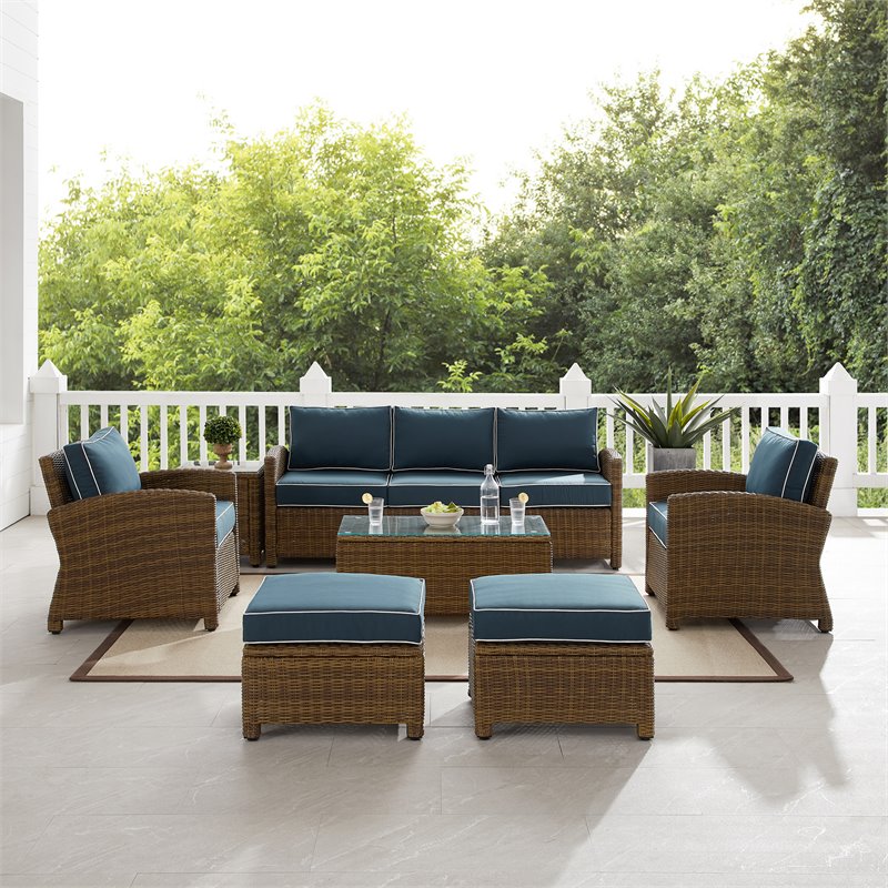 Pemberly Row Modern 7-piece Fabric Outdoor Sofa Set in Navy/Brown