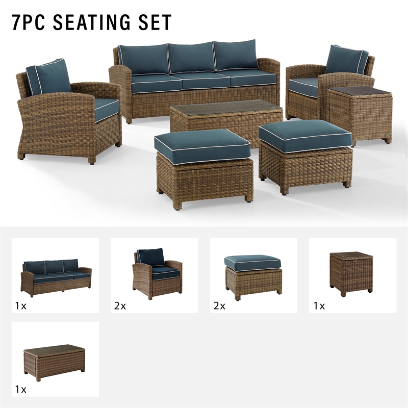 Pemberly Row Modern 7-piece Fabric Outdoor Sofa Set in Navy/Brown