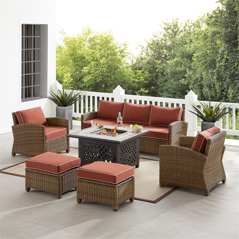 Pemberly Row 6-piece Fabric Outdoor Sofa Set in Sangria Red/Brown