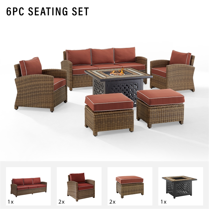Pemberly Row 6-piece Fabric Outdoor Sofa Set in Sangria Red/Brown