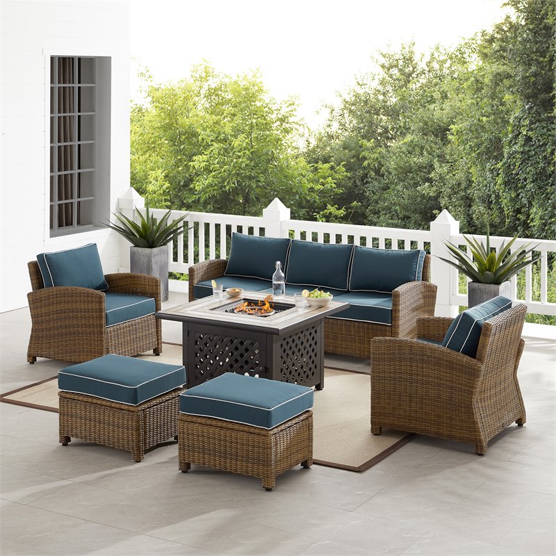 Pemberly Row Modern 6-piece Fabric Outdoor Sofa Set in Navy/Brown