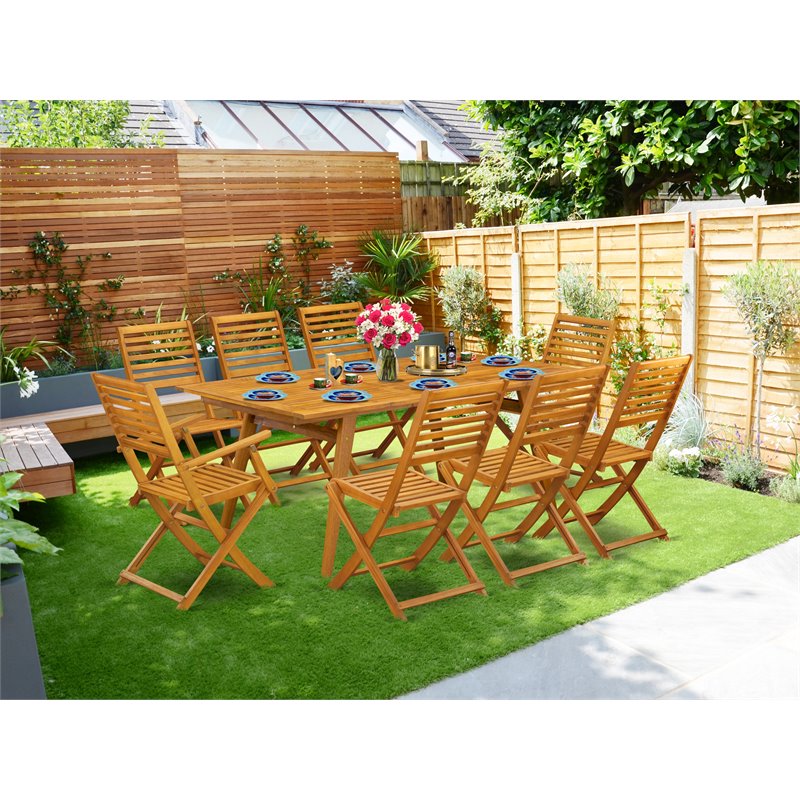 Pemberly Row Traditional 9-piece Wood Outdoor Dining Set in Natural Oil