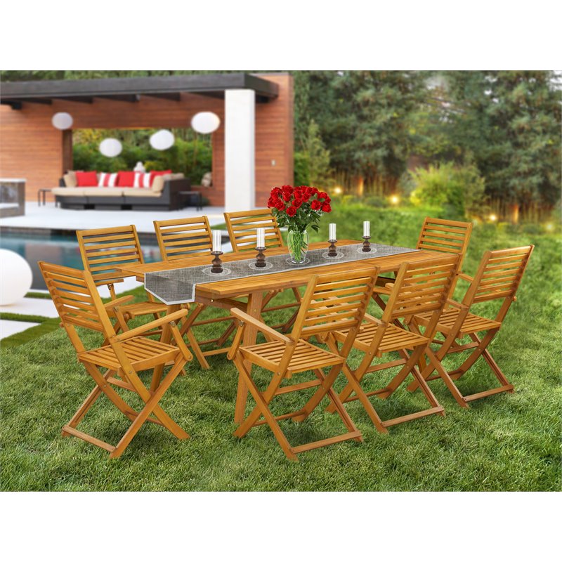 Pemberly Row Traditional 9-piece Wood Patio Set in Natural Oil