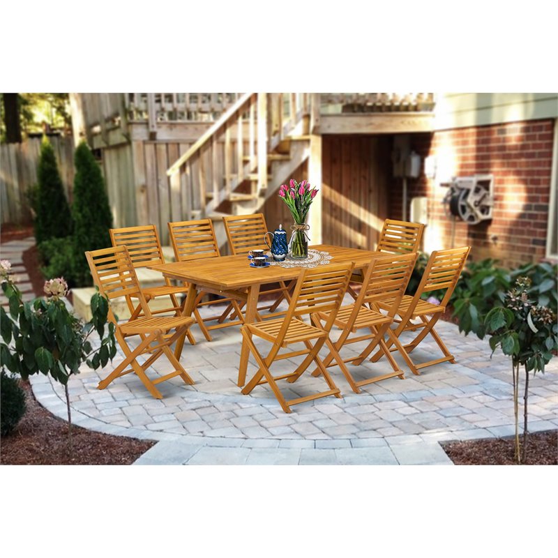 Pemberly Row Traditional 9-piece Wood Outdoor Set in Natural Oil