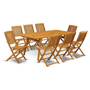 Pemberly Row Traditional 9-piece Patio Dining Set with Slat Back in Natural Oil