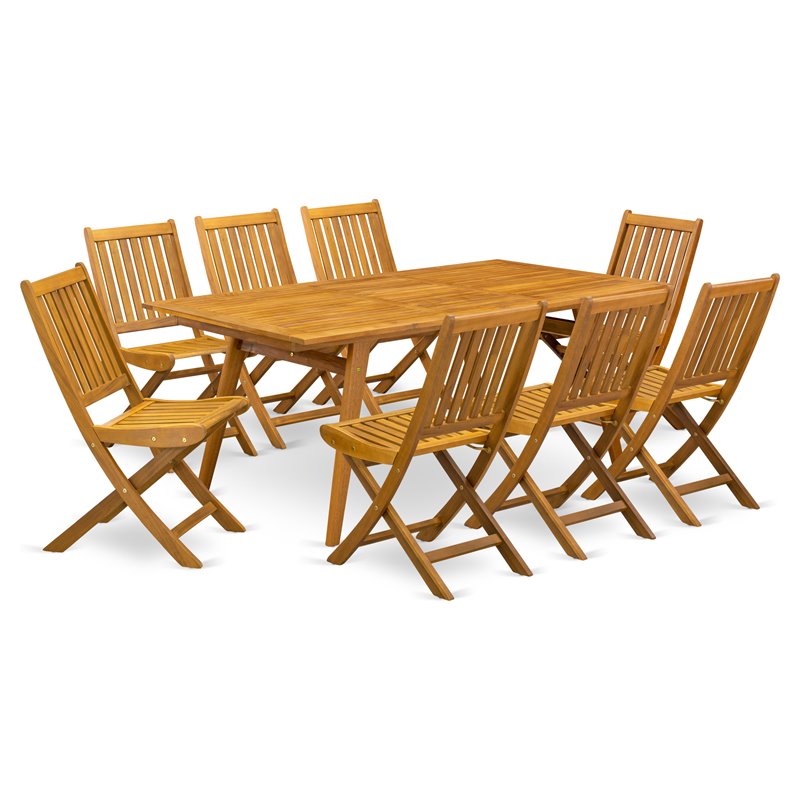 Pemberly Row Traditional 9-piece Wood Patio Dining Set in Natural Oil