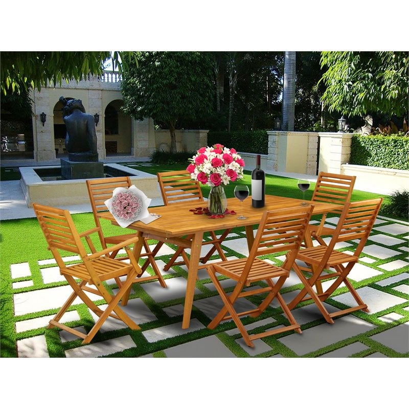 Pemberly Row Traditional 7-piece Wood Outdoor Dining Set in Natural Oil