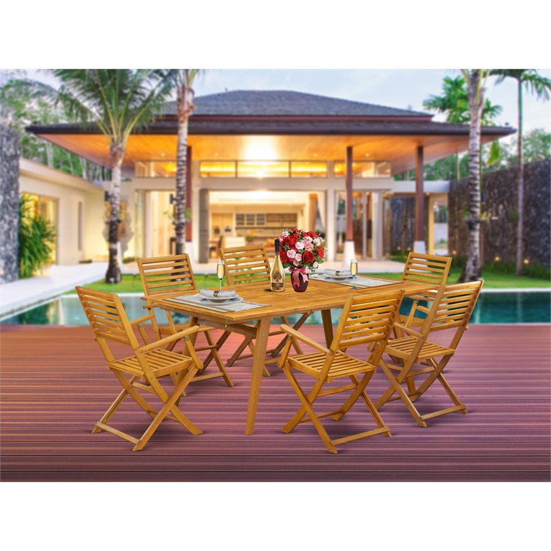 Pemberly Row Traditional 7-piece Wood Patio Set in Natural Oil