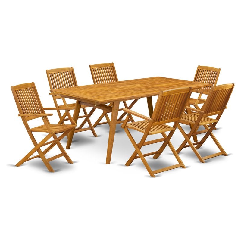 Pemberly Row Traditional 7-piece Wood Outside Patio Dining Set in Natural Oil
