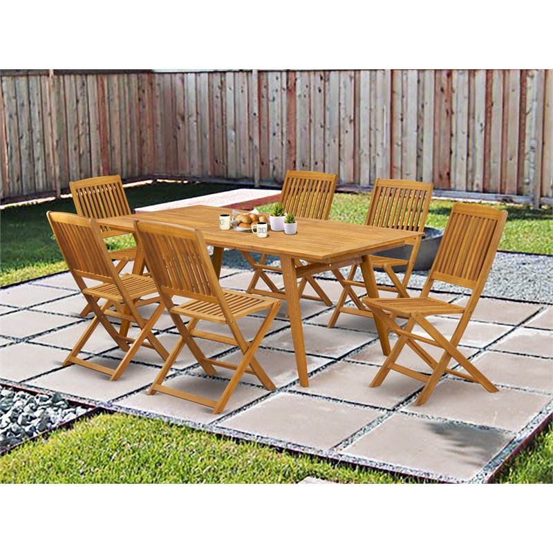 Pemberly Row Traditional 7-piece Wood Outdoor Table Set in Natural Oil