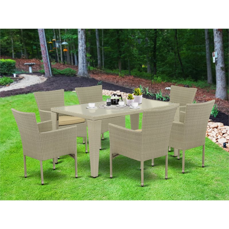 Pemberly Row Modern 7-piece Patio Dining Set with Armchairs in Natural