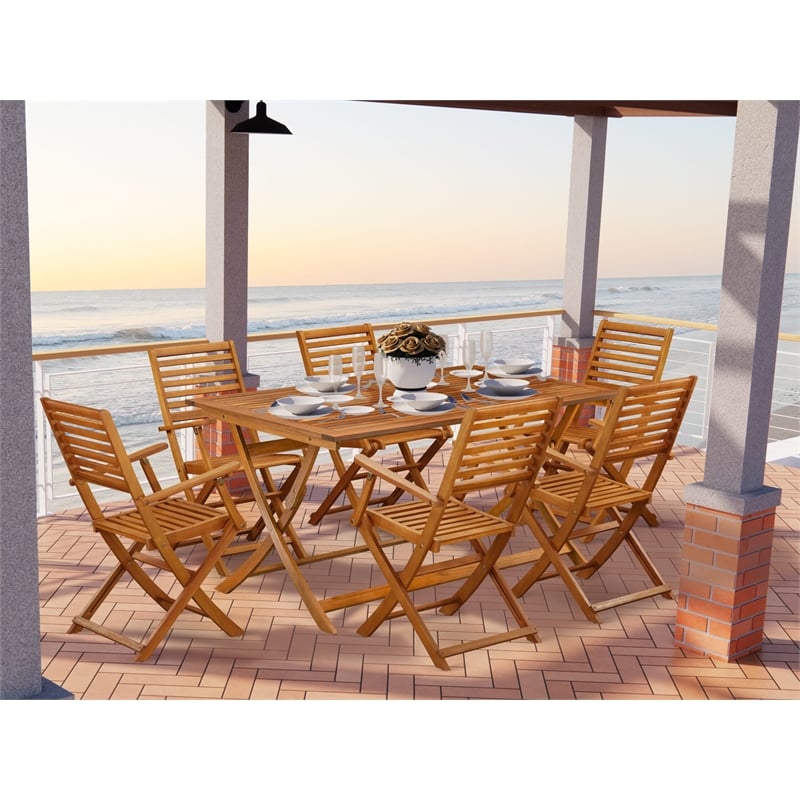 Pemberly Row Outdoor Table with 6 Outdoor Patio Armchairs in Natural Oil Finish