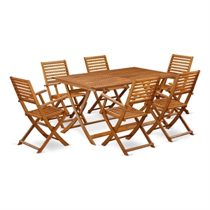 Pemberly Row Outdoor Table with 6 Outdoor Patio Armchairs in Natural Oil Finish