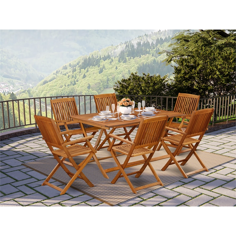 Pemberly Row Outdoor Table with 6 Folding Patio Armchairs in Natural Oil Finish