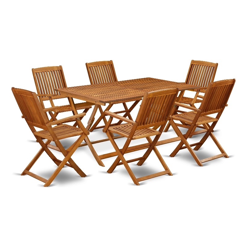 Pemberly Row Outdoor Table with 6 Folding Patio Armchairs in Natural Oil Finish