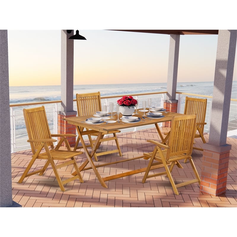 Pemberly Row Bistro Table with 4 Folding Patio Chairs in Natural Oil Finish