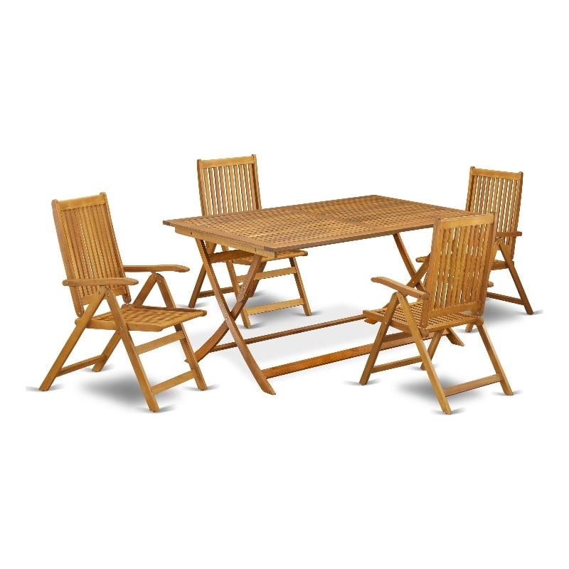 Pemberly Row Bistro Table with 4 Folding Patio Chairs in Natural Oil Finish