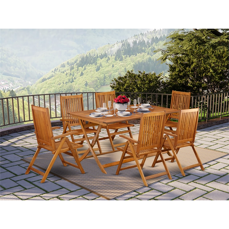 Pemberly Row Traditional Patio Table with 6 Outdoor Chairs in Natural Oil Finish
