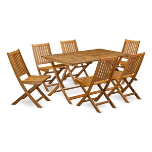 Pemberly Row Patio Table with 6 Folding Patio Chair in Natural Oil Finish