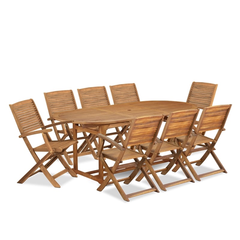 Pemberly Row Contemporary 9-Piece Patio Dining Set in Natural Oil