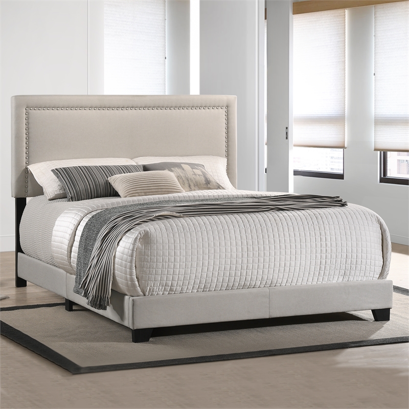 Pemberly Row Modern Fabric Queen Upholstered Bed in Fog Beige