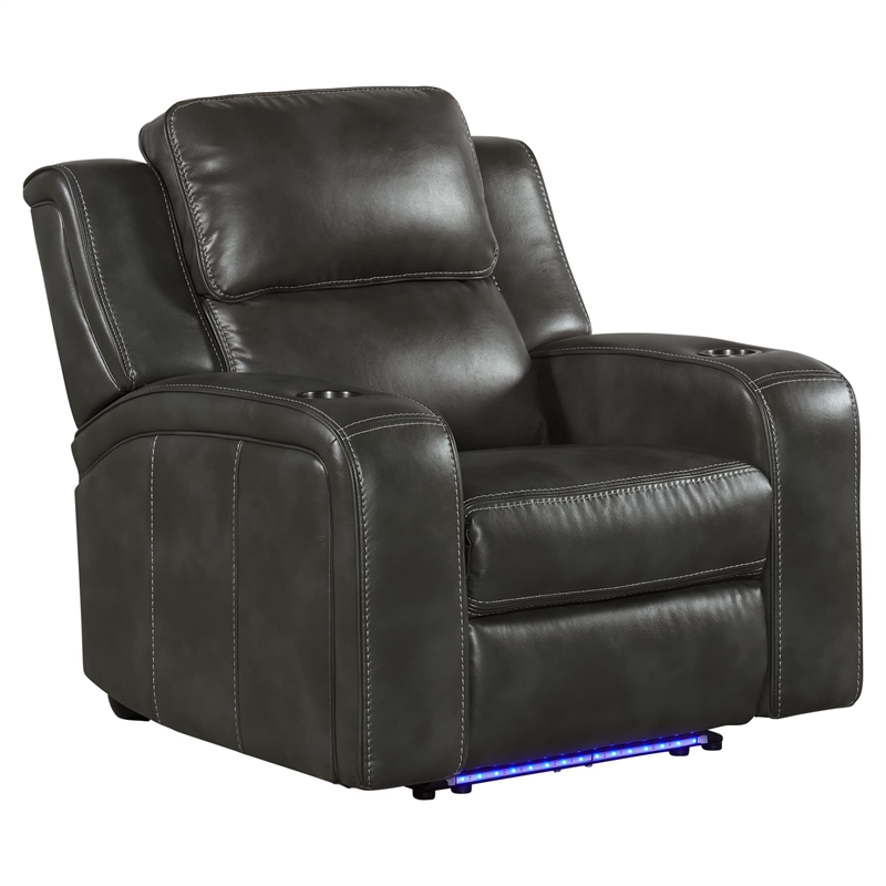 Pemberly Row Transitional Leather Dual-Power Recliner in Slate Gray