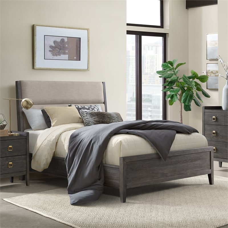Pemberly Row Transitional Bedroom Queen Bed with Upholstered Headboard in Gray