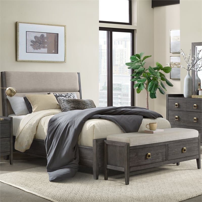 Pemberly Row Transitional Bedroom Queen Bed with Upholstered Headboard in Gray
