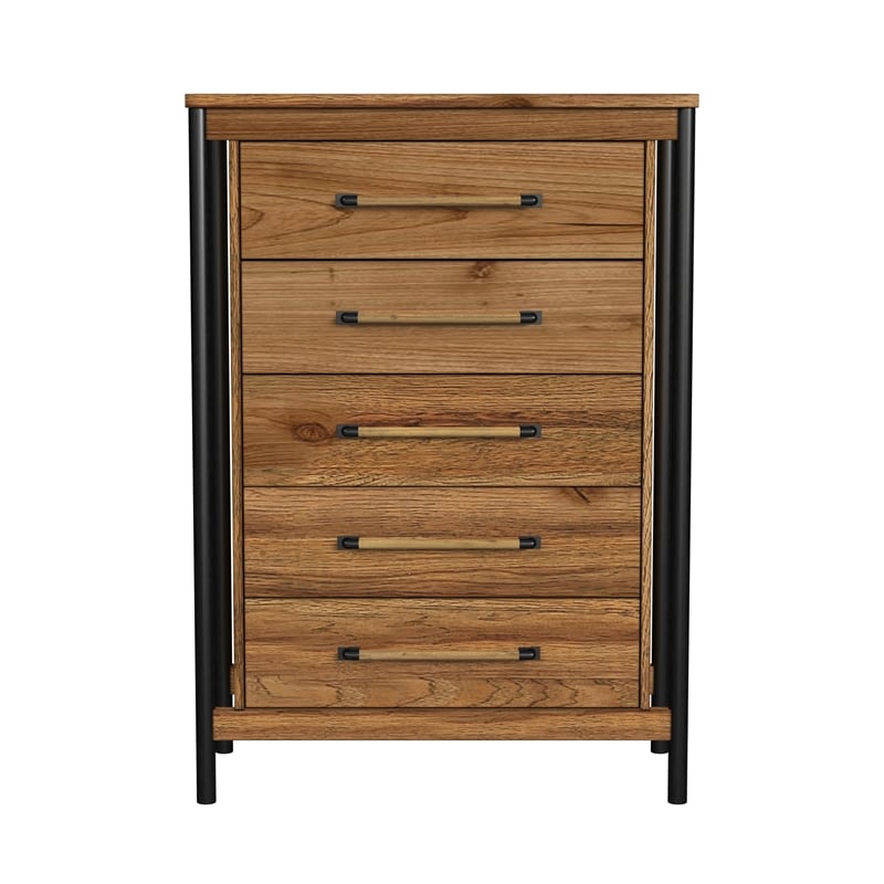 Pemberly Row Wood Contemporary 5 Drawer Chest in Hickory Finish