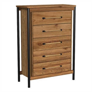 Pemberly Row Wood Contemporary 5 Drawer Chest in Hickory Finish