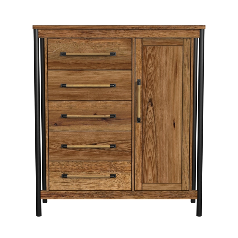 Pemberly Row Contemporary 5 Drawer 1Ddoor Gentleman's Chest in Hickory Finish