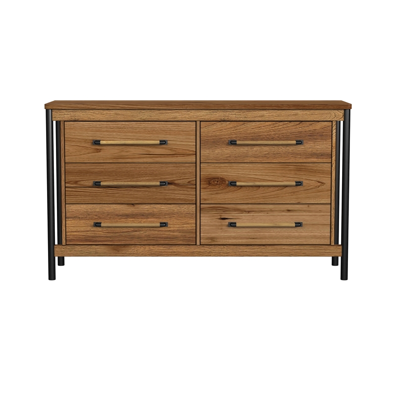Pemberly Row Contemporary 6 Drawer Dresser Chest in Hickory Finish