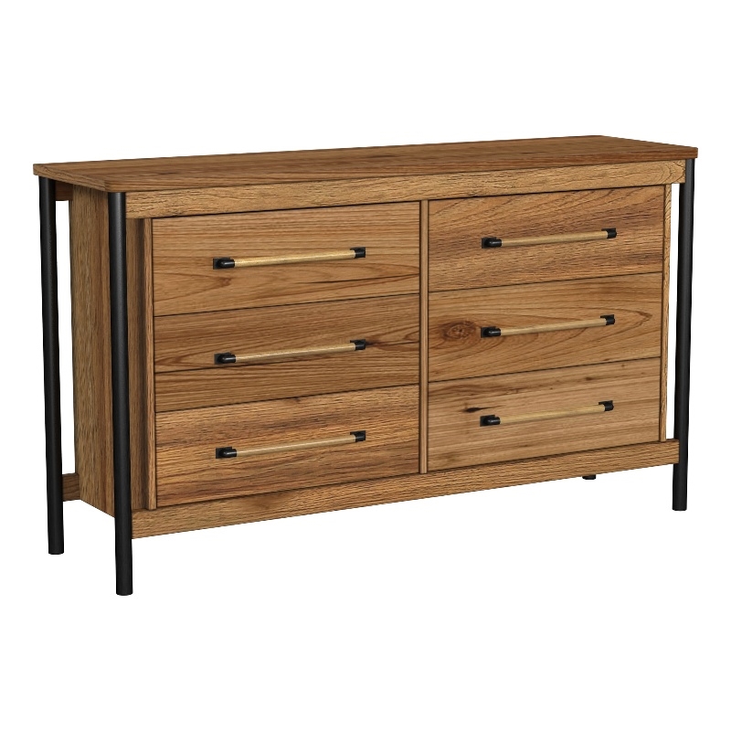 Pemberly Row Contemporary 6 Drawer Dresser Chest in Hickory Finish