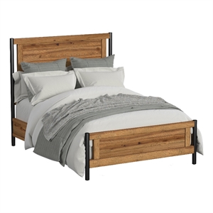 Pemberly Row Wood Contemporary Queen Panel Bed in Hickory Finish