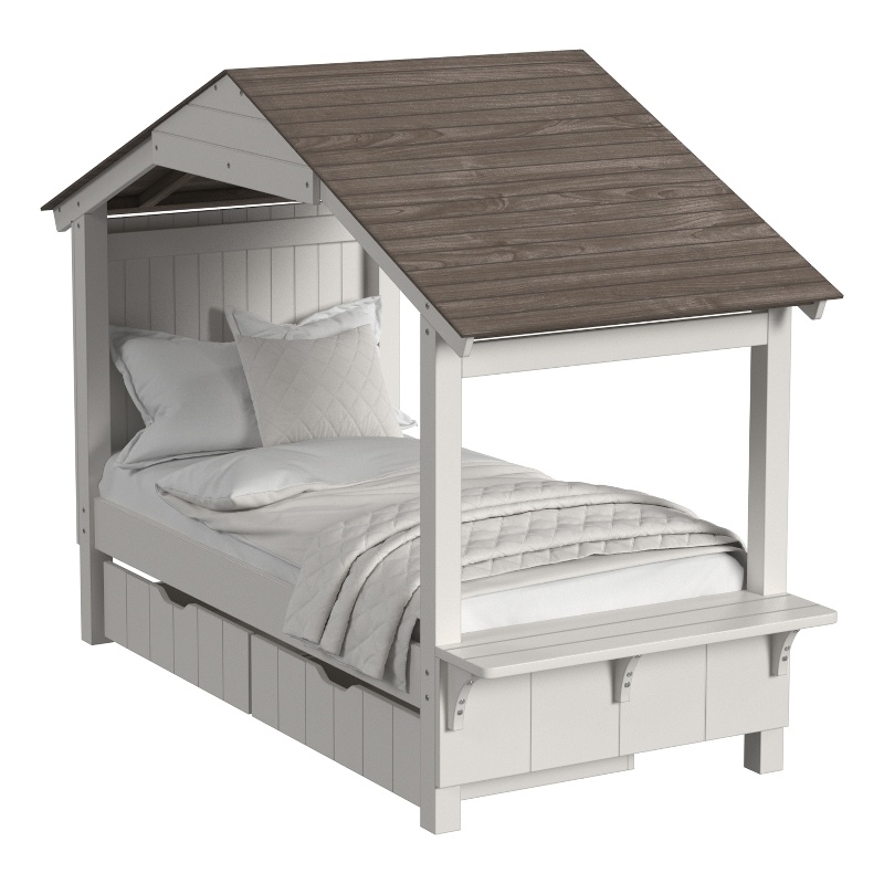 Pemberly Row Farmhouse Wood Twin Bed with Full Roof in Cookies/Cream