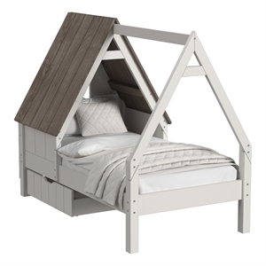 Pemberly Row Farmhouse Wood Twin Bed with Half Roof Window in Cookies/Cream