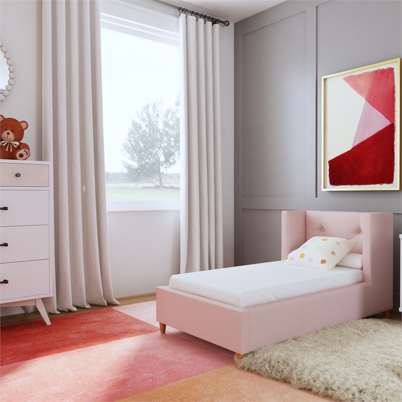 Pemberly Row Contemporary Polyester Toddler Bed in Pink Finish